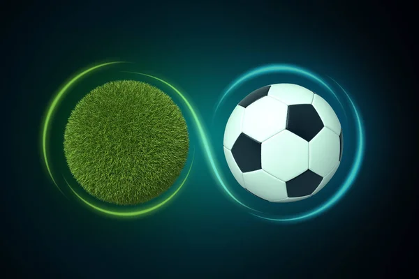 3d renderização de uma esfera coberta de grama gramado verde ao lado de uma bola de futebol com uma linha traçada em torno deles formando o sinal de infinito . — Fotografia de Stock