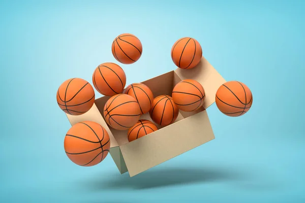 3d representación de la caja de cartón llena de balones de baloncesto en el aire sobre fondo azul claro . —  Fotos de Stock