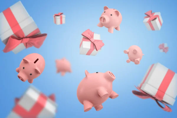 3D-rendering van veel Piggy Banks en geschenkdozen die rondvliegen op een licht blauwe achtergrond. — Stockfoto