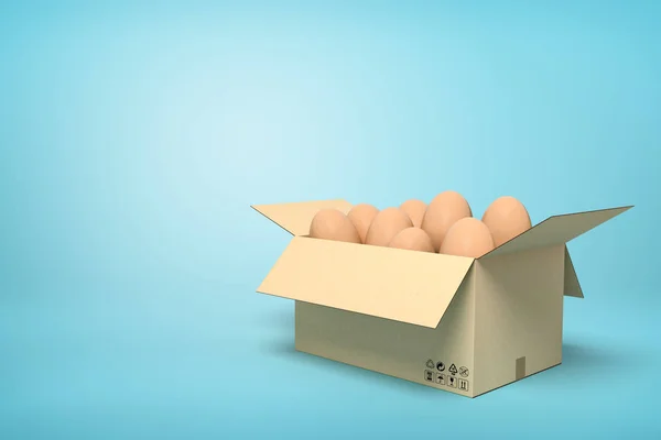 3d rendering of chicken eggs in carton box on blue background.