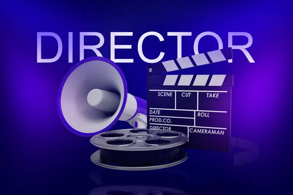 Bir megafon, bir clapperboard ve mavi bir arka plan üzerinde arkasında başlık Yönetmen ile bir film makara 3d render. — Stok fotoğraf