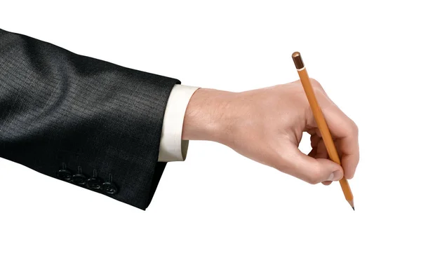 Мужская рука держит карандаш на белом фоне — стоковое фото