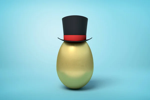 Renderowanie 3D złote jajko ubrany w czarną TopHat stoi z dużo miejsca kopiowania na resztę jasnego niebieskiego tła. — Zdjęcie stockowe