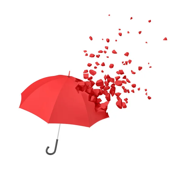 3D-Darstellung von rotem Regenschirm, der in kleine Stücke zerbricht, isoliert auf weißem Hintergrund — Stockfoto