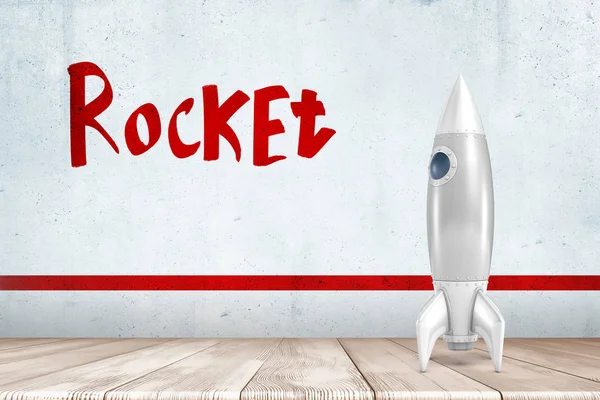 上の赤いロケット記号と白い木製の床に白い銀のロケットの3Dレンダリング — ストック写真