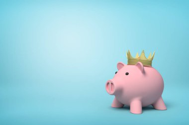 Açık mavi arka plan üzerinde altın taç giyen pembe kumbara 3d ön yakın çekim render.
