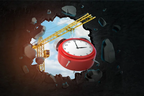 3d rendering of construction crane and red alarm clock breaking black wall