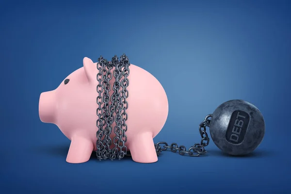 3D-rendering van Piggy Bank geketend met metalen Schuldbal op blauwe achtergrond — Stockfoto