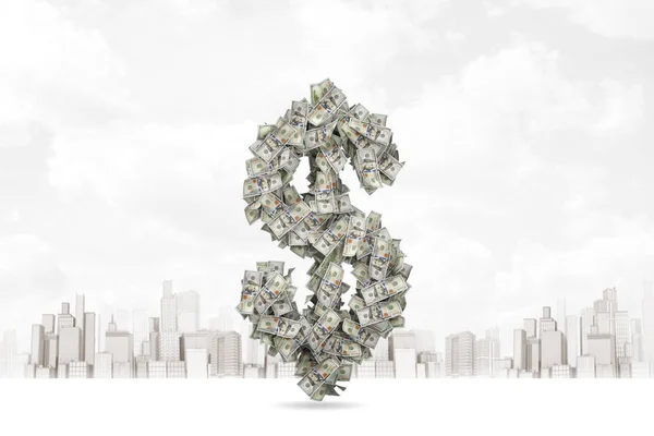 3D Nahaufnahme des Dollarsymbols, bestehend aus Dollarnoten mit moderner Stadt im Hintergrund. — Stockfoto