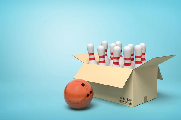 Beyaz bowling pimleri ve mavi arka plan karton kutuda bir kahverengi bowling topu 3d render. — Stok fotoğraf