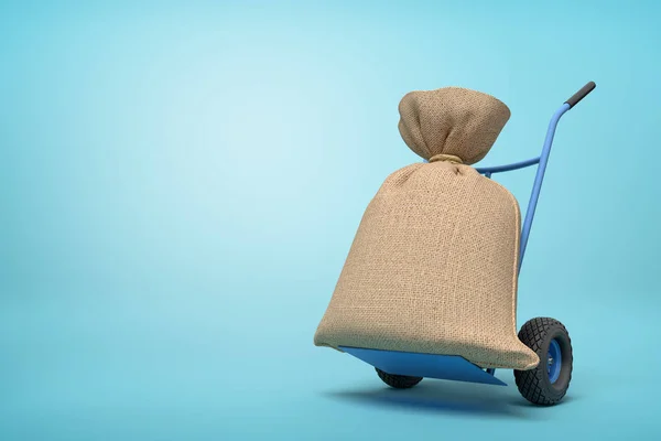 3d rendering of blue hand truck with big canvas money bag on top on light-blue background with copy space.