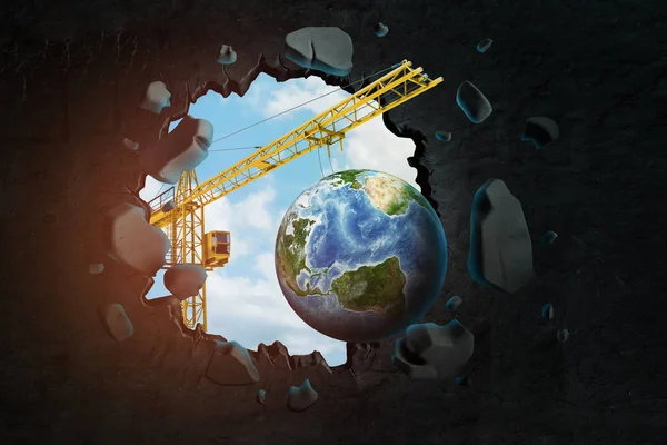 3d rendering of construction crane and earth globe breaking black wall — Stock Photo, Image