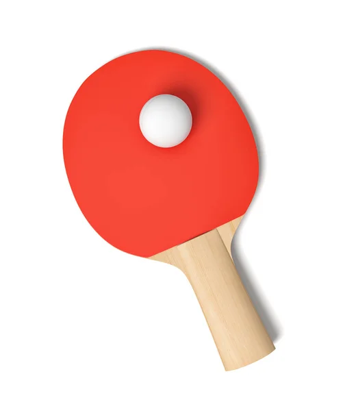 3D-rendering av ping pong racket med rött gummi och ping pong bollen på det sett uppifrån på vit bakgrund. — Stockfoto