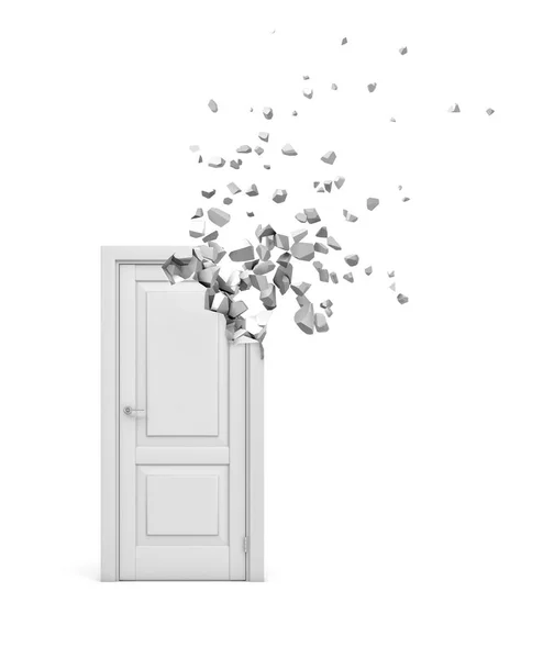 3d rendering of white door starting to dissolve into pieces from top right corner isolated on white background. — Stock Photo, Image