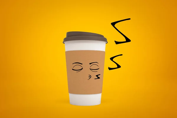 3D-Rendering von Kaffeepapierbecher mit Cartoon-Smiley-Gesicht auf gelbem Hintergrund — Stockfoto