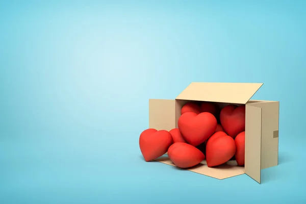 3d representación de la caja de cartón abierta acostado lateral con lindos corazones rojos dentro y varios fuera en fondo azul claro con espacio de copia . — Foto de Stock