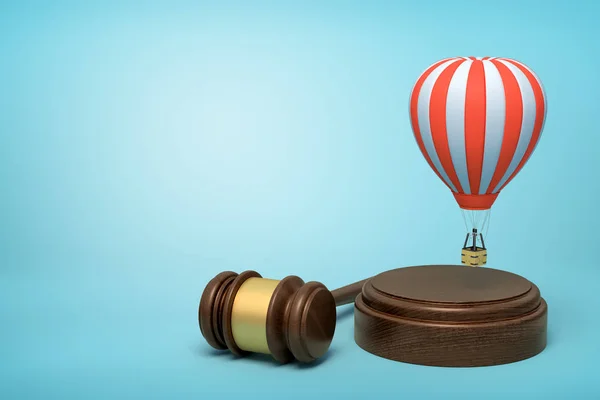 3d rendering of small striped hot-air balloon in air above brown sound block with gavel beside on light-blue background with copy space.