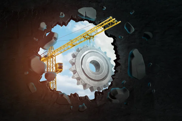 3d rendering of construction crane carrying big grey cogwheel and punching big hole in black wall.