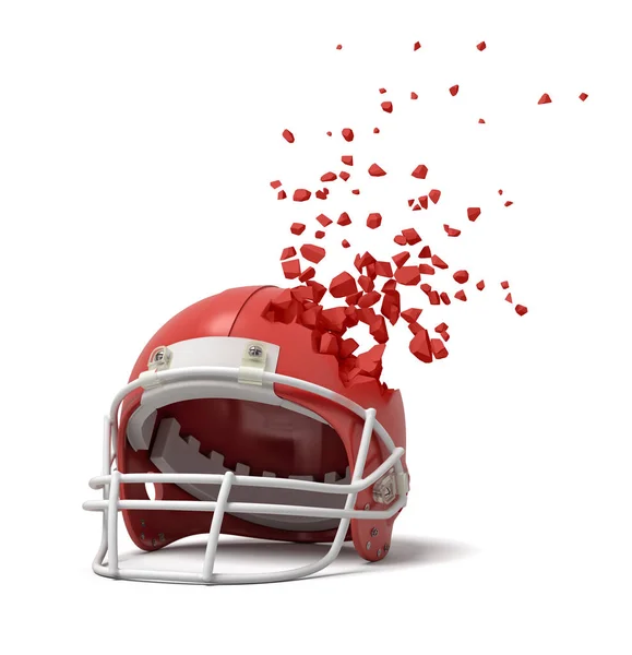3D-rendering van een rode Amerikaanse voetbal helm verbrijzelen in kleine stukjes geïsoleerd op witte achtergrond — Stockfoto