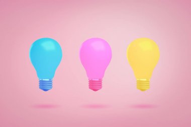 Pembe arka plan üzerinde mavi, pembe ve sarı ampuller 3d render