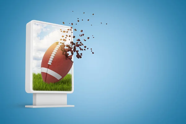 3d rendu de l'affichage numérique avec boule ovale pour le football américain commence à se dissoudre dans les particules à l'écran sur fond dégradé bleu avec espace de copie . — Photo