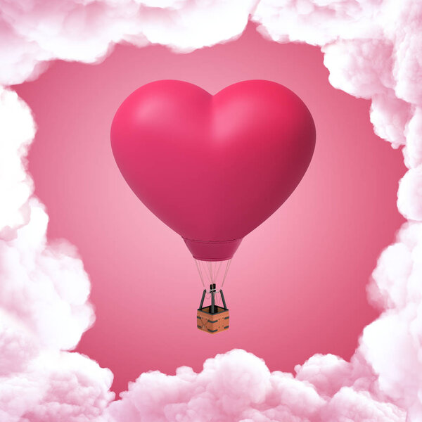 3d rendering of pink heart shaped hot air balloon with white clouds on pink background