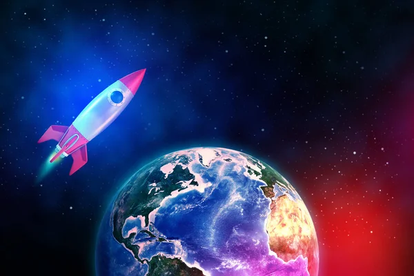 3D representación de cohete espacial de juguete en el espacio volando sobre el planeta Tierra . — Foto de Stock
