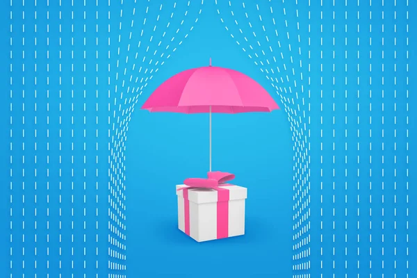 3d rendering of a pink umbrella protecting a gift box from rain.