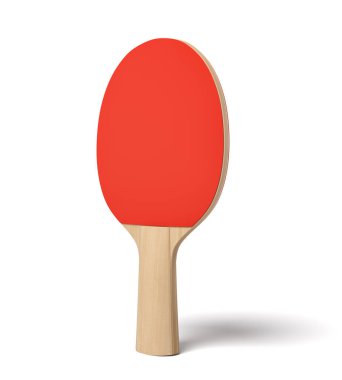 Beyaz arka plan üzerinde ahşap saplı ve kırmızı kauçuk ile ping pong raket 3d yakın çekim render.