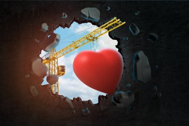 Sevimli kırmızı kalp taşıyan kaldırma vinç 3d render ve delik görülen mavi gökyüzü ile delik bırakarak siyah duvar kırma.