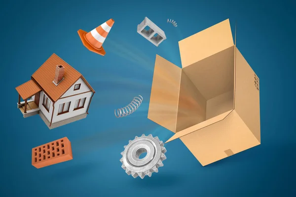 3d rendering of empty cardboard box, small house, warning cone, piece of spring coil, bricks, and gearwheel suspended in air on blue background. — Stock Photo, Image