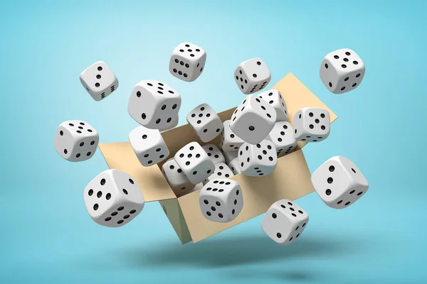 3d rendering of cardboard box in air full of white dice with black spots which are flying out and floating outside on blue background. — Stock Photo, Image