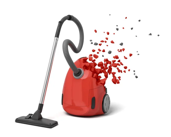 3d rendering of red vacuum cleaner starting to dissolve into pieces on white background. — Stock Photo, Image