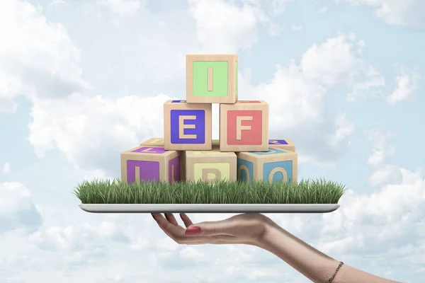 Female hand holding alphabet toy blocks on green grass model on blue sky background — Stock Photo, Image