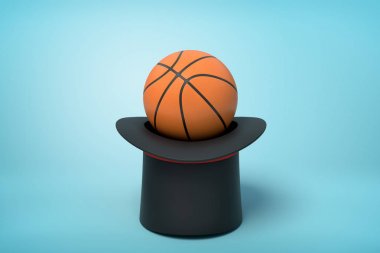 Mavi arka plan üzerinde baş aşağı siyah üst şapka turuncu basketbol topu 3d render