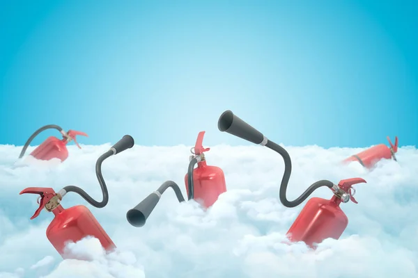 3D-rendering van verschillende rode brandblusapparaten op een laag dikke witte wolken met een blauwe lucht boven. — Stockfoto