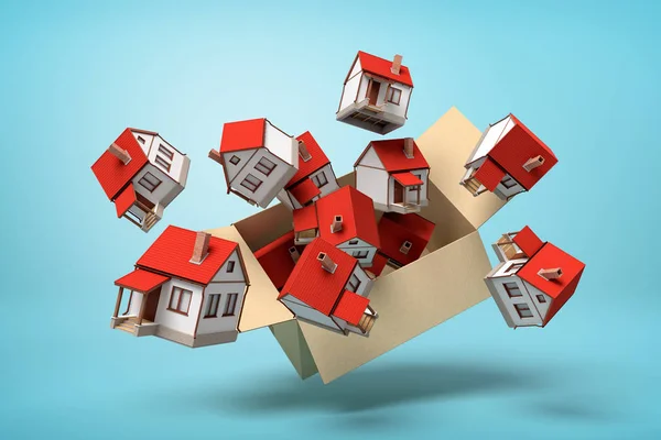 3D-rendering van kartonnen doos vliegen in de lucht vol met kleine vrijstaande huizen die vliegen uit het op licht blauwe achtergrond. — Stockfoto