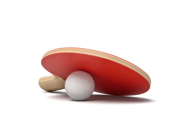 Prostorové ztvárnění míče ping pong pokryté raketou a bílým pozadím. — Stock fotografie