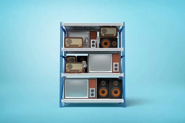 3d rendering of old retro radio and tv sets on silver blue metal rack shelves on blue background