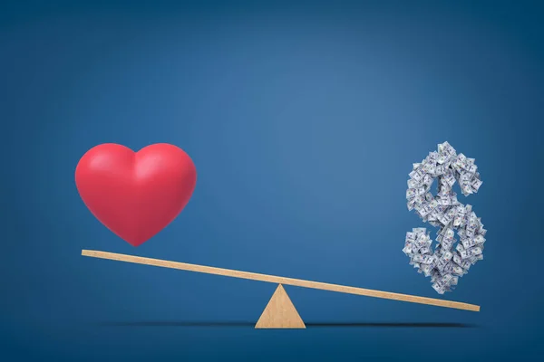 3d renderização de coração amor símbolo e dinheiro dólar símbolo em seesaw no fundo azul — Fotografia de Stock