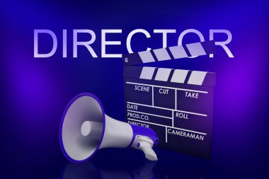 Neon mavi arka plan üzerinde yönetmen işareti ile film clapper ve megafon 3d render
