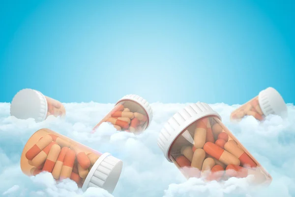 3d rendering di vasi di plastica con pillole mediche in nuvole bianche su sfondo cielo blu — Foto Stock