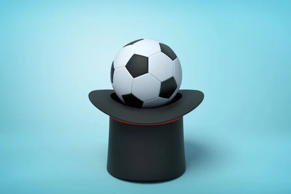 3D renderização de tophat preto de cabeça para baixo com futebol dentro no fundo azul claro . — Fotografia de Stock
