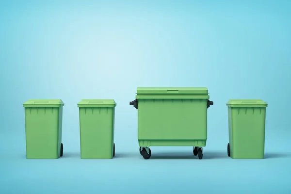 3d representación de cuatro botes de basura verde de pie en fila sobre fondo azul claro — Foto de Stock