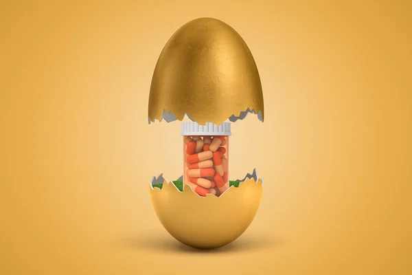 3d rendering di pillole mediche vaso schiusa di uovo d'oro su sfondo giallo — Foto Stock