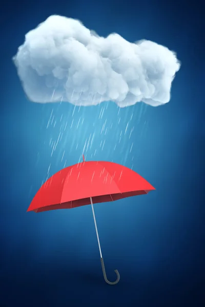 3D-Darstellung von rotem Regenschirm unter regnerischer weißer Wolke auf blauem Hintergrund — Stockfoto