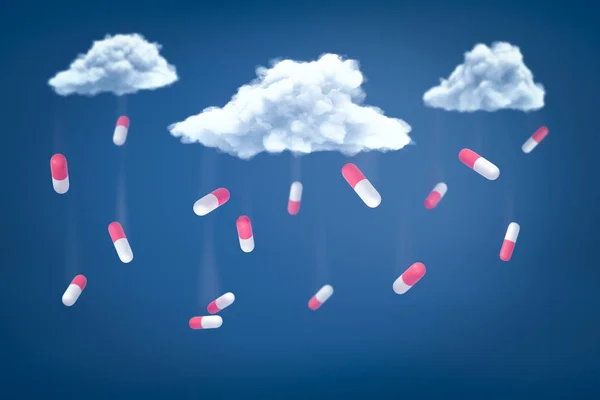 Rendering 3d di pillole mediche che cadono da nuvole bianche su sfondo blu — Foto Stock