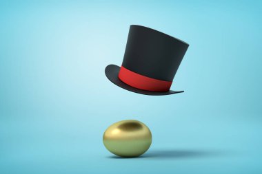 Açık mavi arka plan üzerinde havada yüzen altın bir tavuk yumurtası ve siyah bir tophat 3d render.