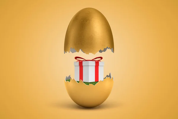 금 계란의 3D 렌더링 두 금 계란, 하반신 녹색 잔디 안에 아름 다운 선물 상자, 공기의 상반부, 황토 배경에. — 스톡 사진