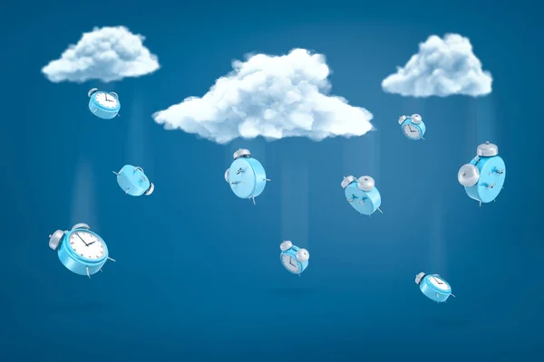 3d rendering of blue alarm clocks falling out of white clouds on blue background — Stock Photo, Image